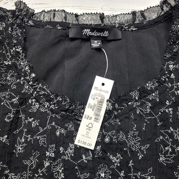 Madewell Ruffle Neck Button Front Mini Dress Dotted Vines Black Floral Medium - Picture 8 of 10